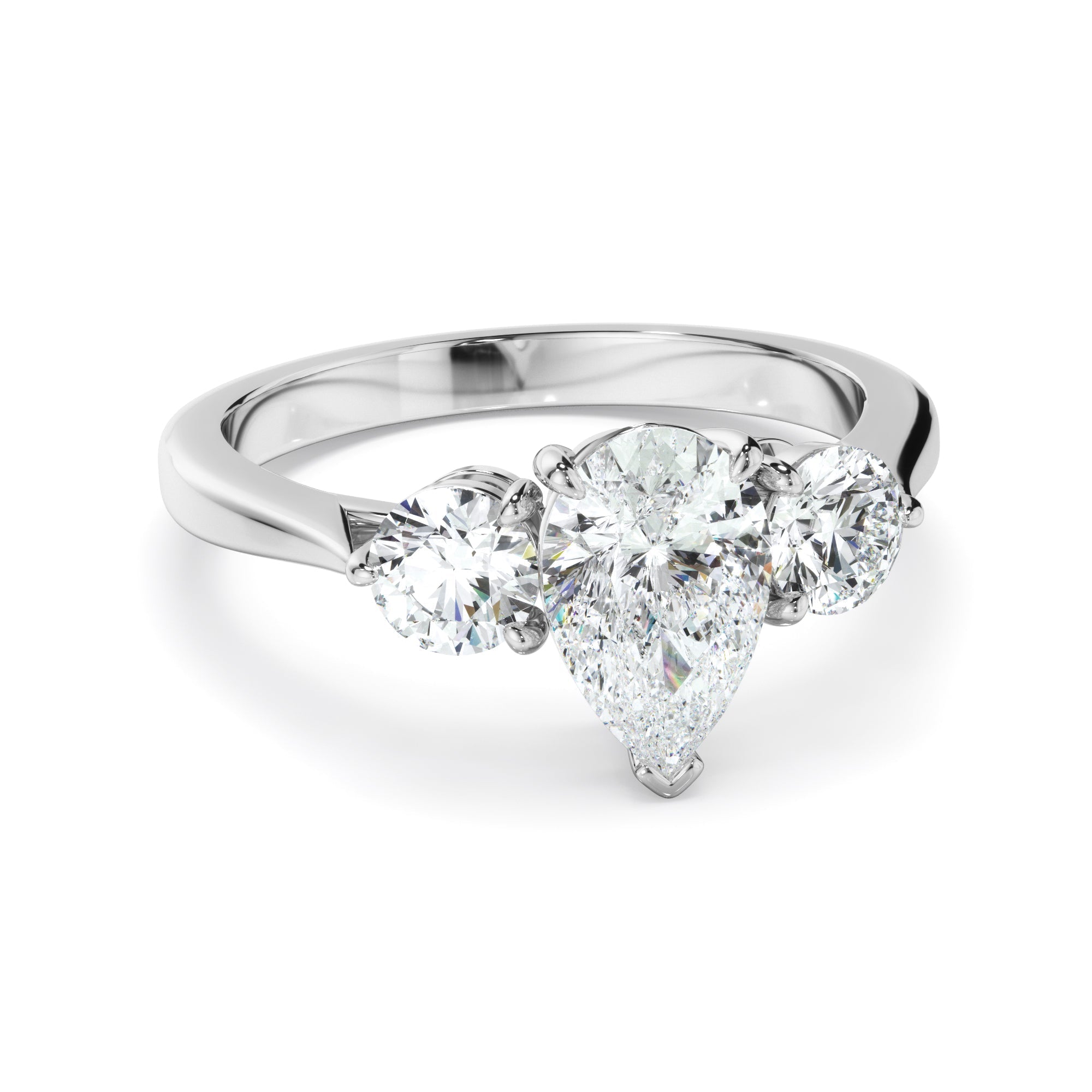 Pear Cut Diamond Trilogy Engagement Ring with Round Brilliant Sides
