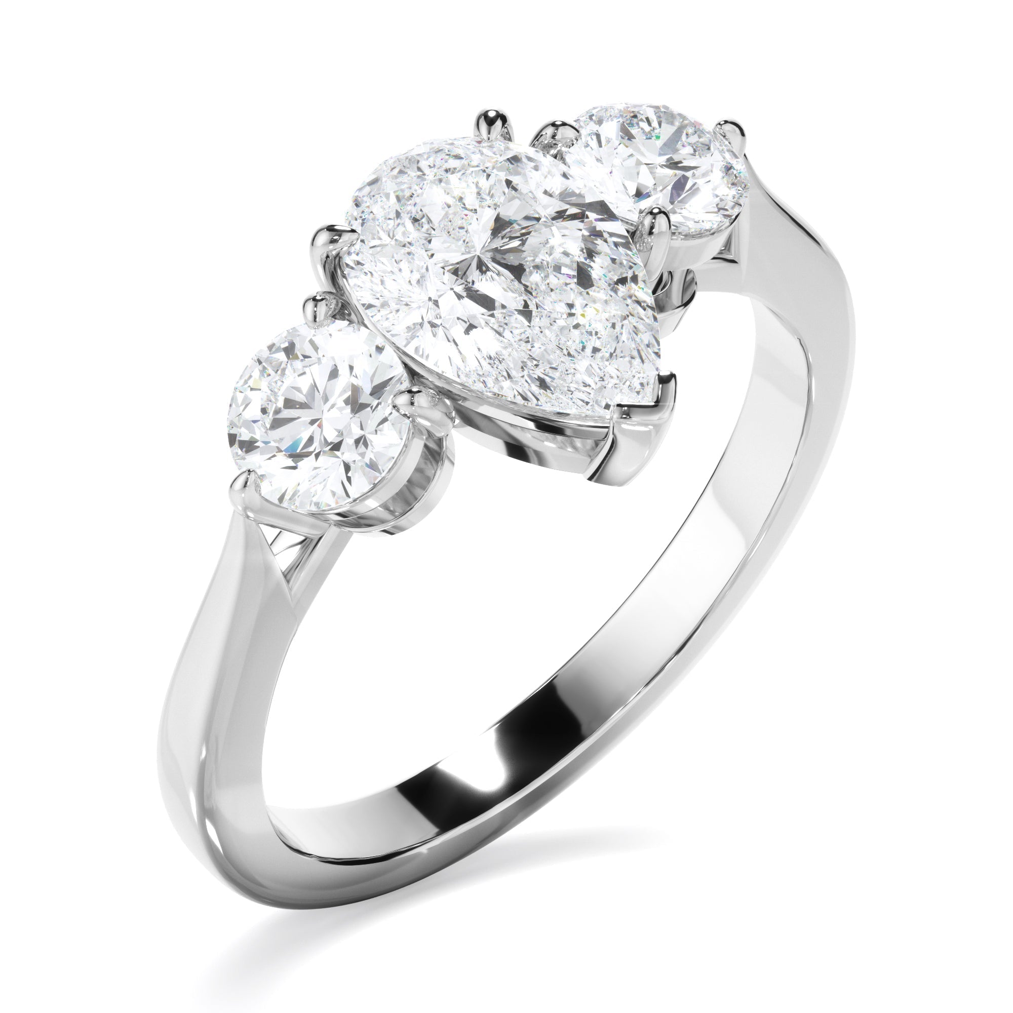Pear Cut Diamond Trilogy Engagement Ring with Round Brilliant Sides