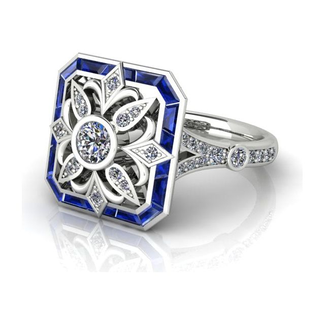 18ct White Gold Art Deco Style Diamond & Sapphire Ring