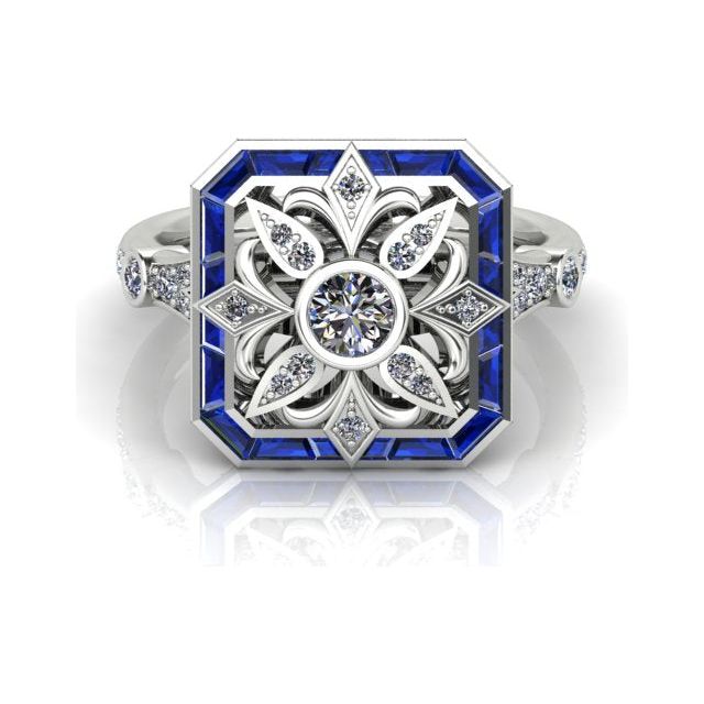 18ct White Gold Art Deco Style Diamond & Sapphire Ring