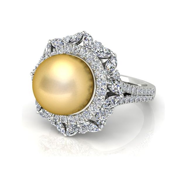 18ct White Gold Diamond & Golden Pearl Ring