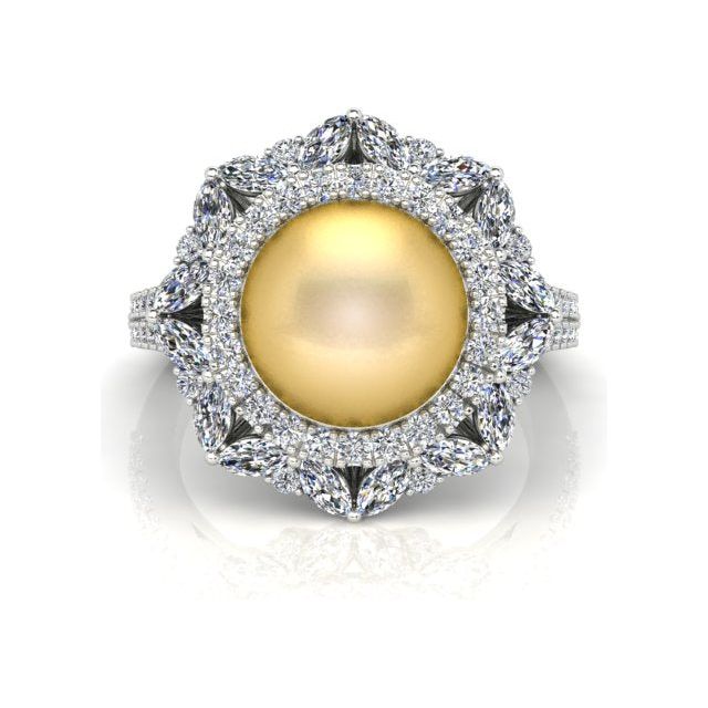 18ct White Gold Diamond & Golden Pearl Ring