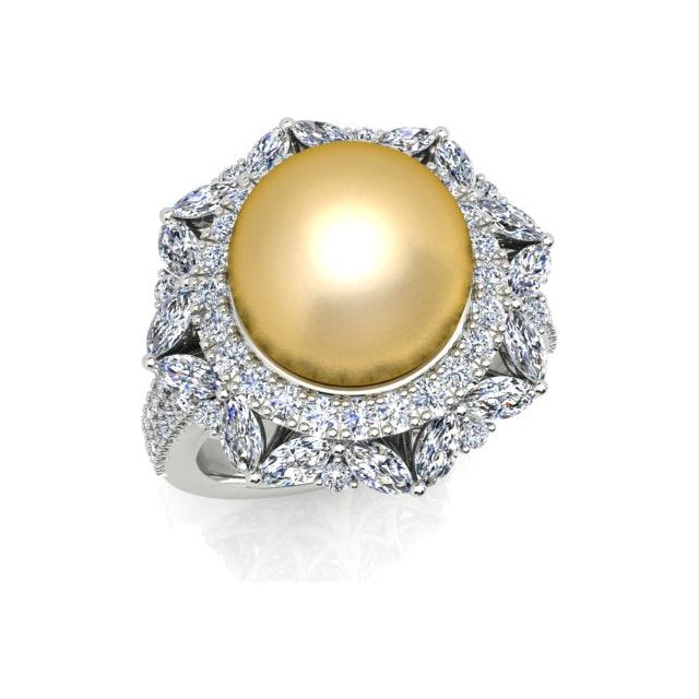 18ct White Gold Diamond & Golden Pearl Ring