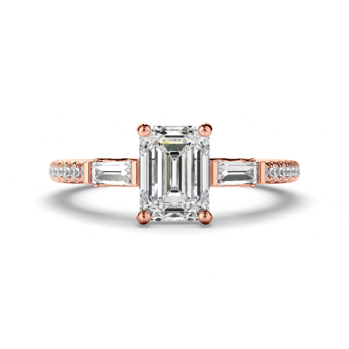 Emerald Cut Diamond Trilogy Engagement Ring with Baguette & Pave Sides
