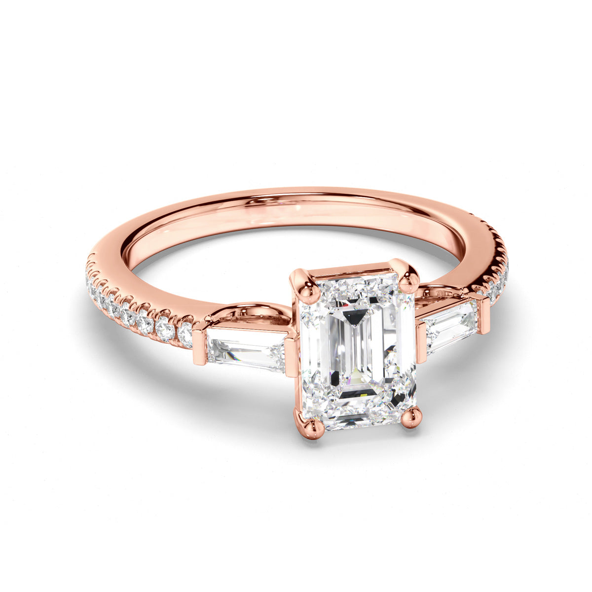 Emerald Cut Diamond Trilogy Engagement Ring with Baguette & Pave Sides
