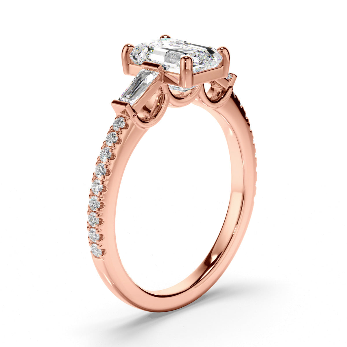 Emerald Cut Diamond Trilogy Engagement Ring with Baguette & Pave Sides