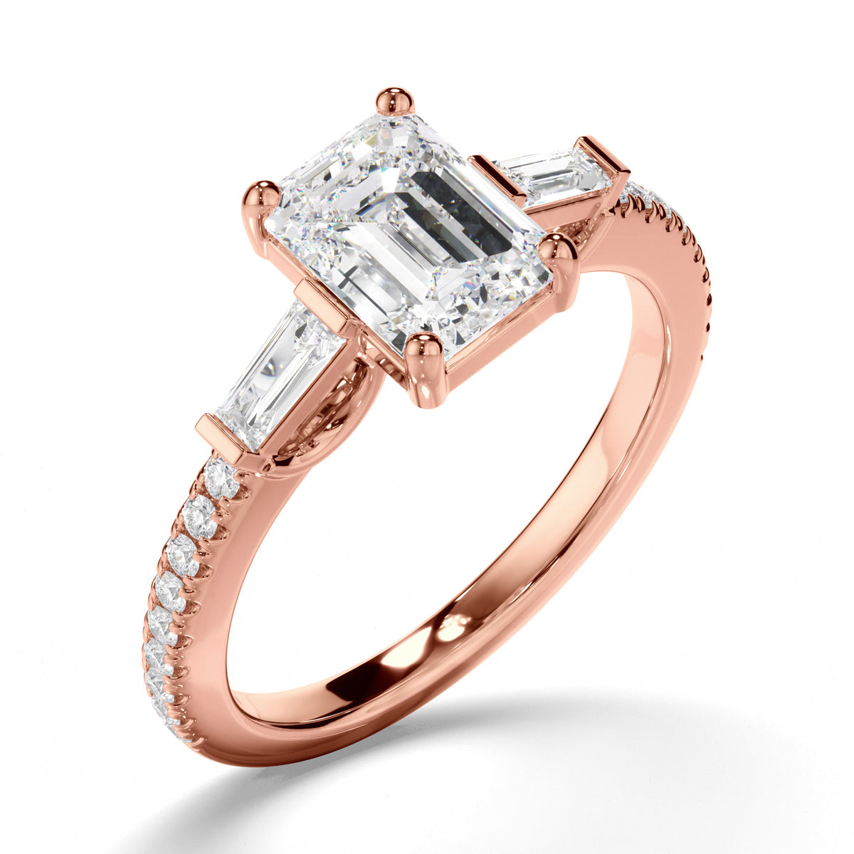 Emerald Cut Diamond Trilogy Engagement Ring with Baguette & Pave Sides