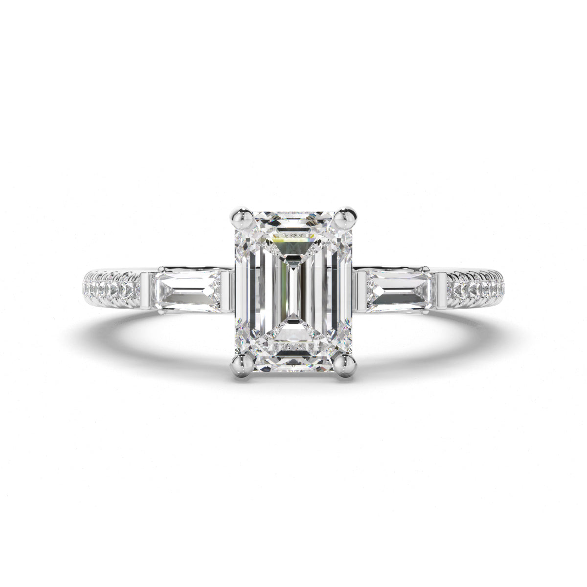 Emerald Cut Diamond Trilogy Engagement Ring with Baguette & Pave Sides