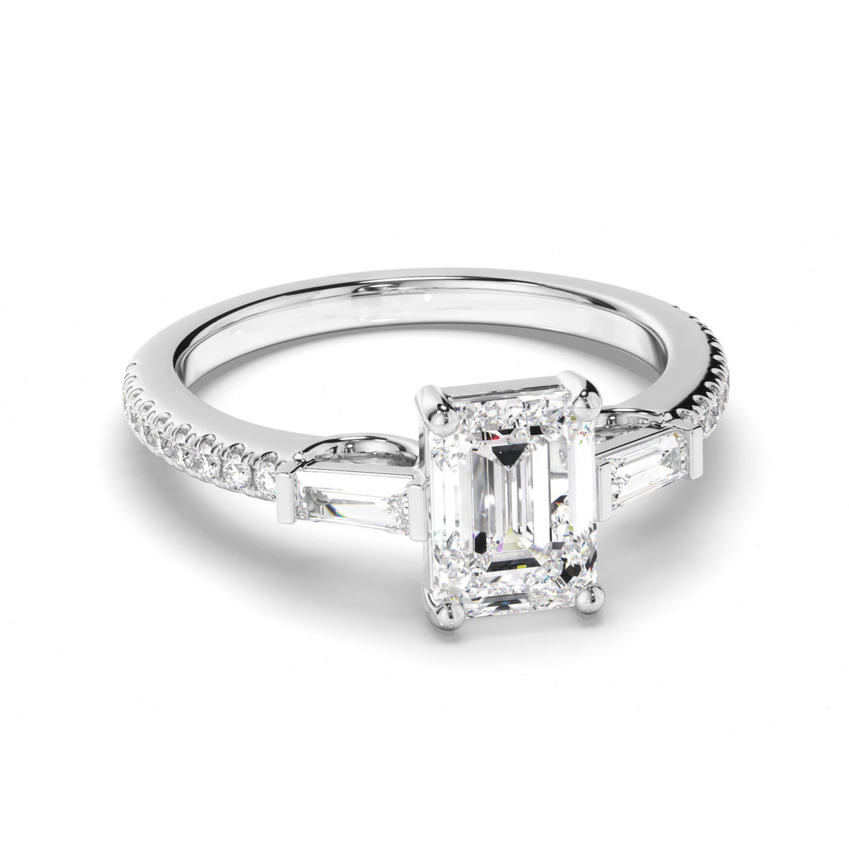 Emerald Cut Diamond Trilogy Engagement Ring with Baguette & Pave Sides