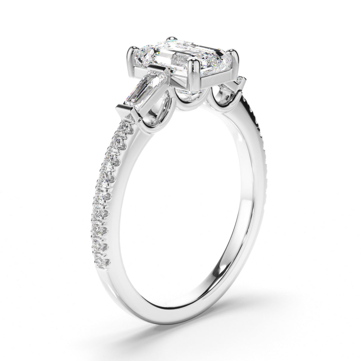 Emerald Cut Diamond Trilogy Engagement Ring with Baguette & Pave Sides