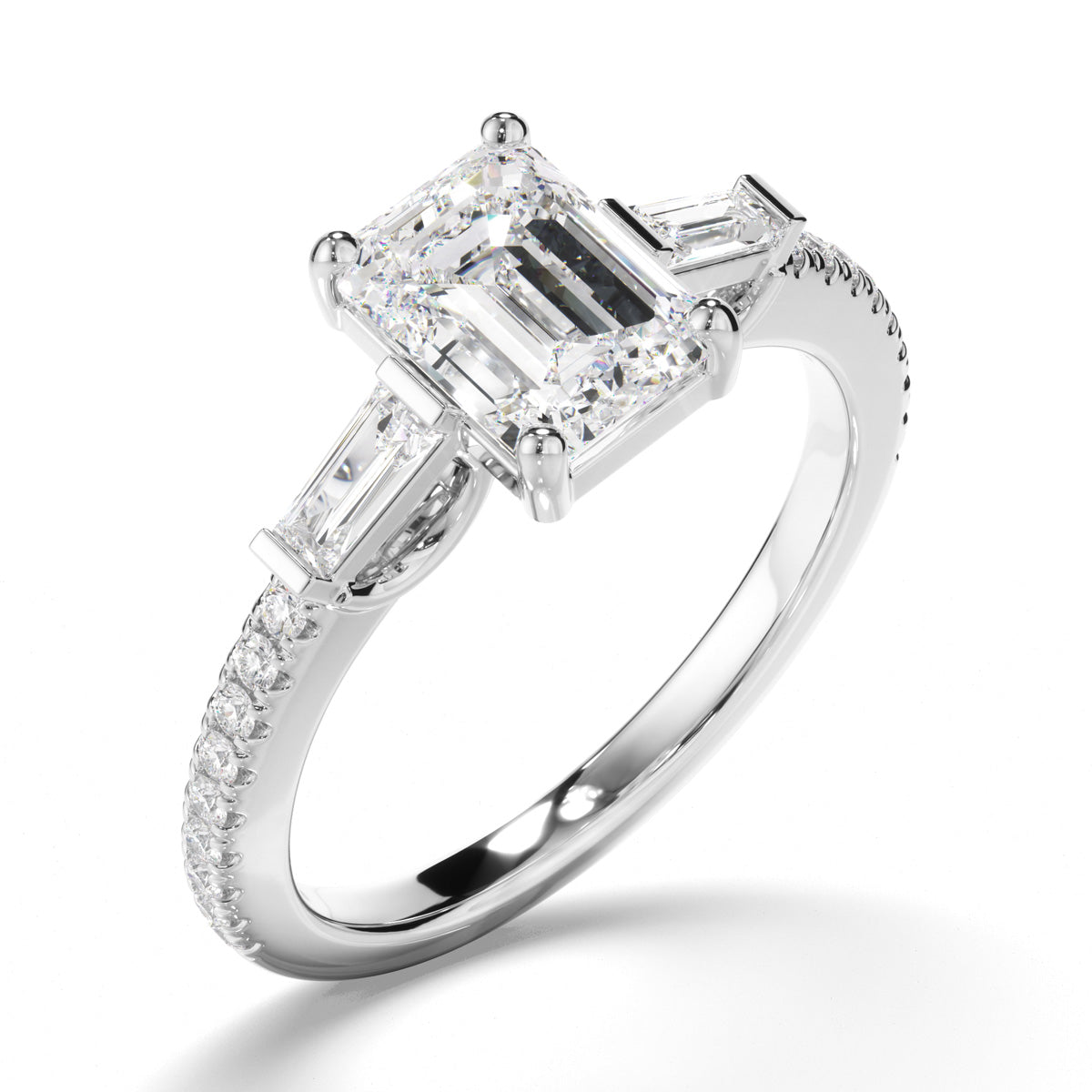 Emerald Cut Diamond Trilogy Engagement Ring with Baguette & Pave Sides