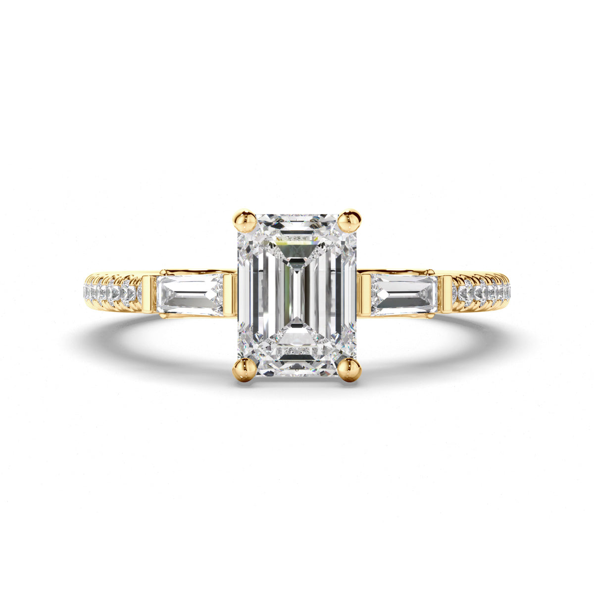 Emerald Cut Diamond Trilogy Engagement Ring with Baguette & Pave Sides