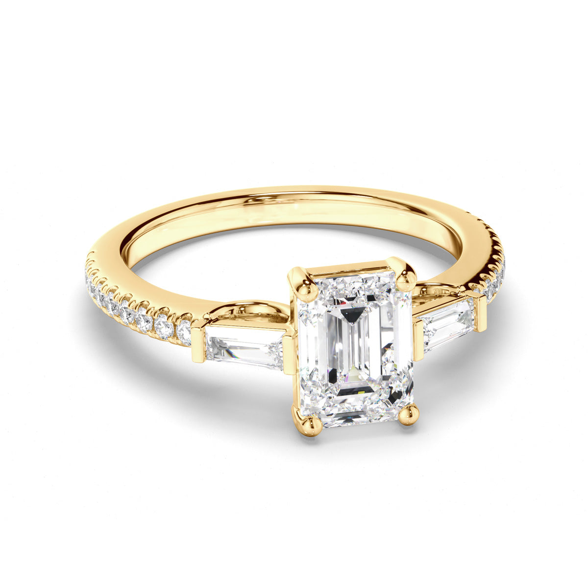 Emerald Cut Diamond Trilogy Engagement Ring with Baguette & Pave Sides