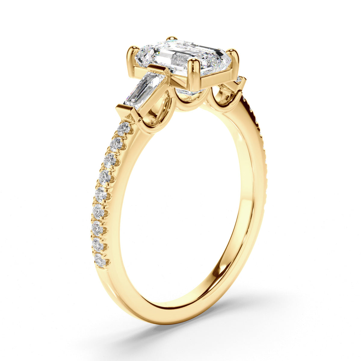 Emerald Cut Diamond Trilogy Engagement Ring with Baguette & Pave Sides