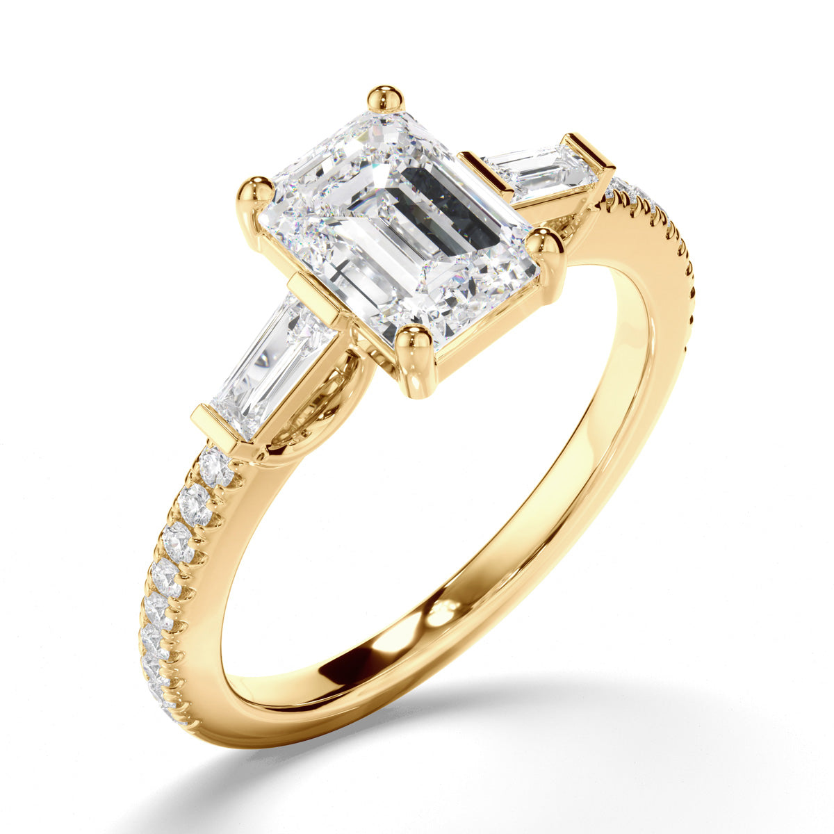 Emerald Cut Diamond Trilogy Engagement Ring with Baguette & Pave Sides
