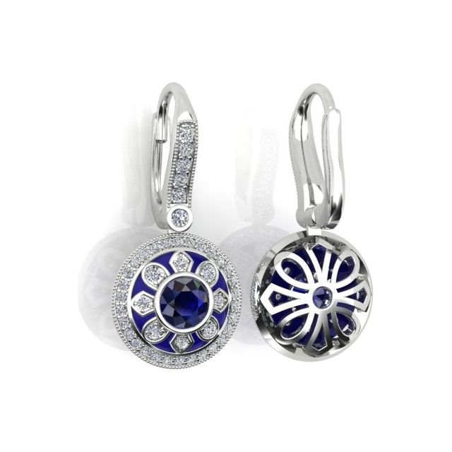 18ct White Gold Ceylon Sapphire & Diamond Blue Enamel Drop Earrings