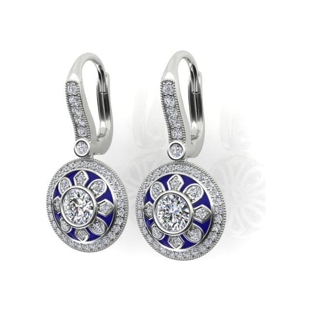 18ct White Gold 1.33ct Diamond & Blue Enamel Drop Earrings
