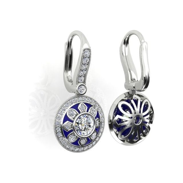 18ct White Gold 1.33ct Diamond & Blue Enamel Drop Earrings