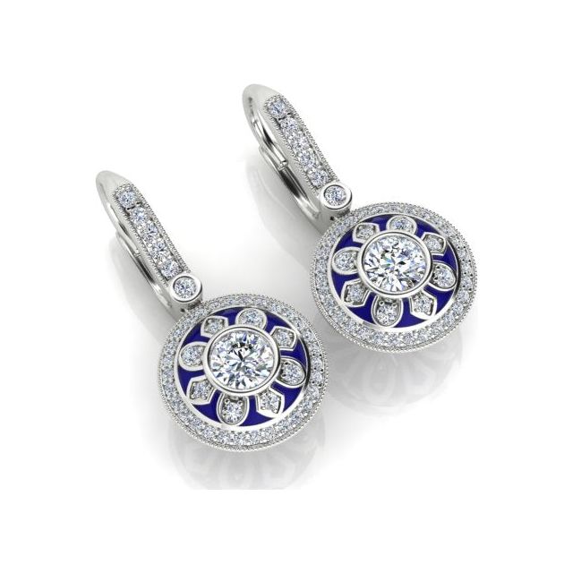 18ct White Gold 1.33ct Diamond & Blue Enamel Drop Earrings