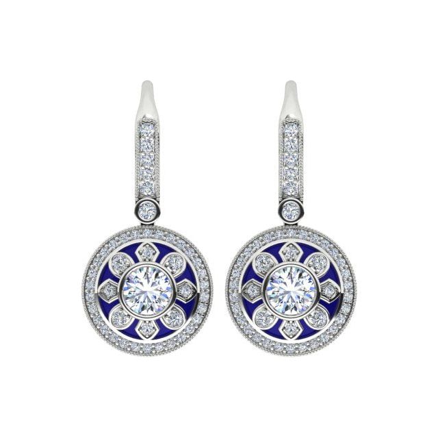 18ct White Gold 1.33ct Diamond & Blue Enamel Drop Earrings