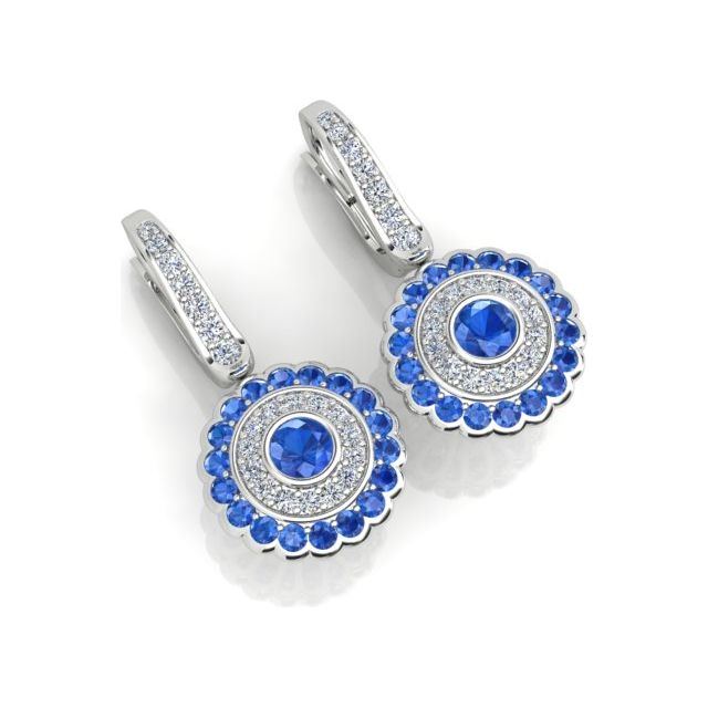18ct White Gold Ceylon Sapphire & Diamond Halo Drop Earrings