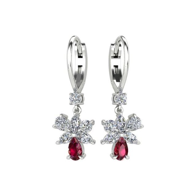 18ct White Gold Ruby & Diamond Floral Drop Earrings
