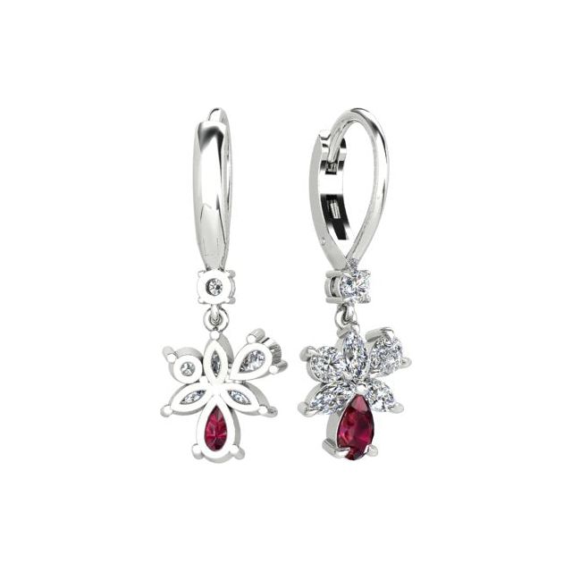 18ct White Gold Ruby & Diamond Floral Drop Earrings