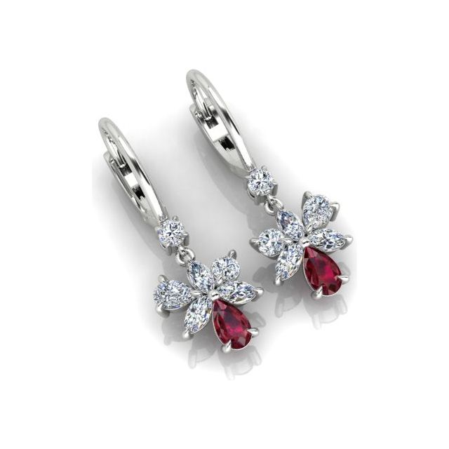 18ct White Gold Ruby & Diamond Floral Drop Earrings