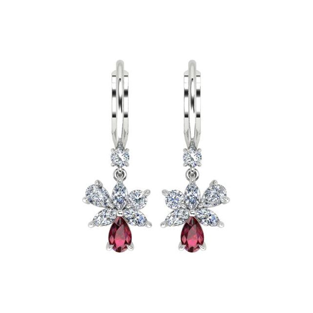 18ct White Gold Ruby & Diamond Floral Drop Earrings