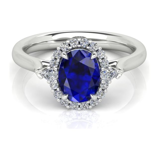 18ct White Gold 2.02ct Ceylon Sapphire & Diamond Halo-Style Dress Ring