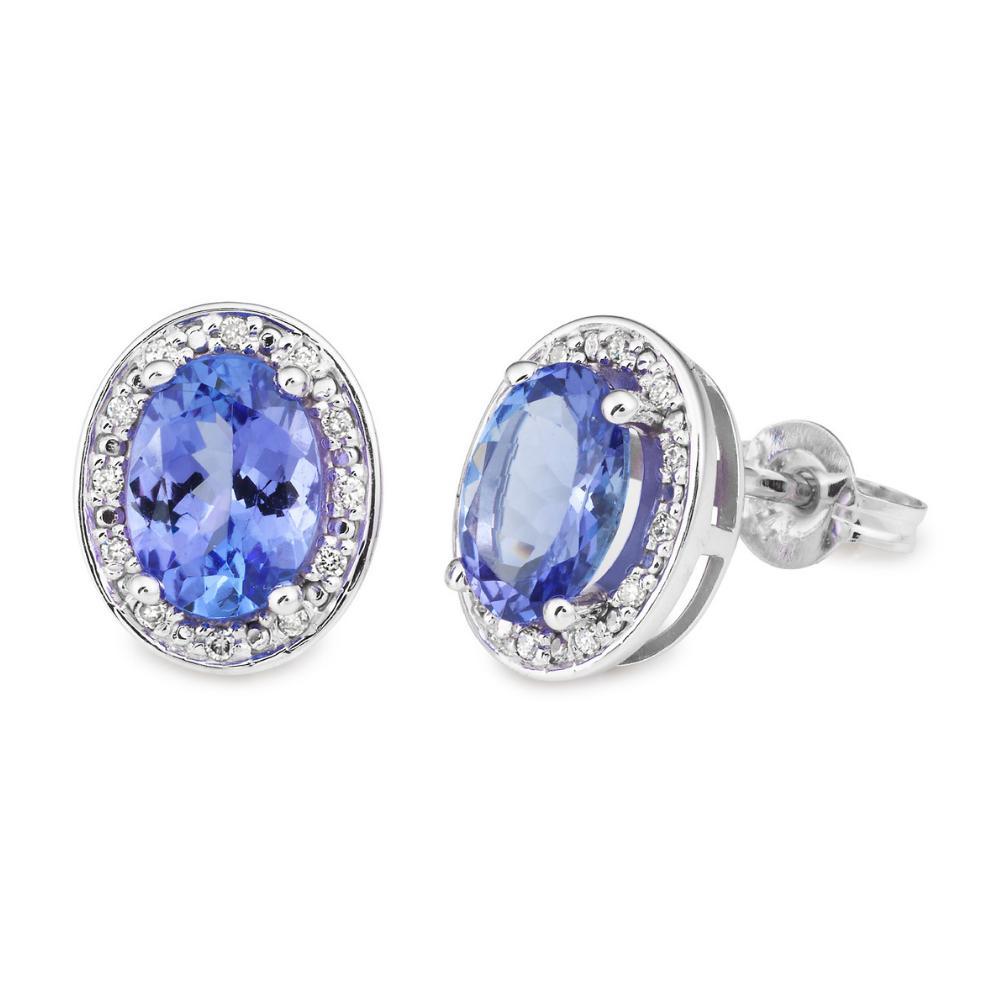 Tanzanite & 0.10ct Diamond Halo Stud Earrings 9ct White Gold