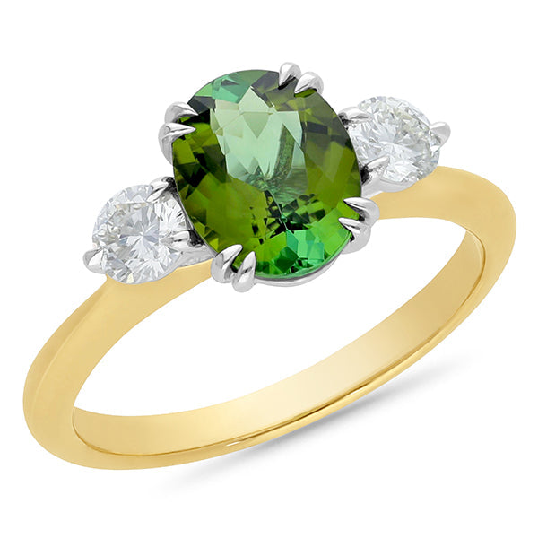 1.37ct Green Tourmaline & 0.40ct Diamond Ring in 9ct Yellow Gold