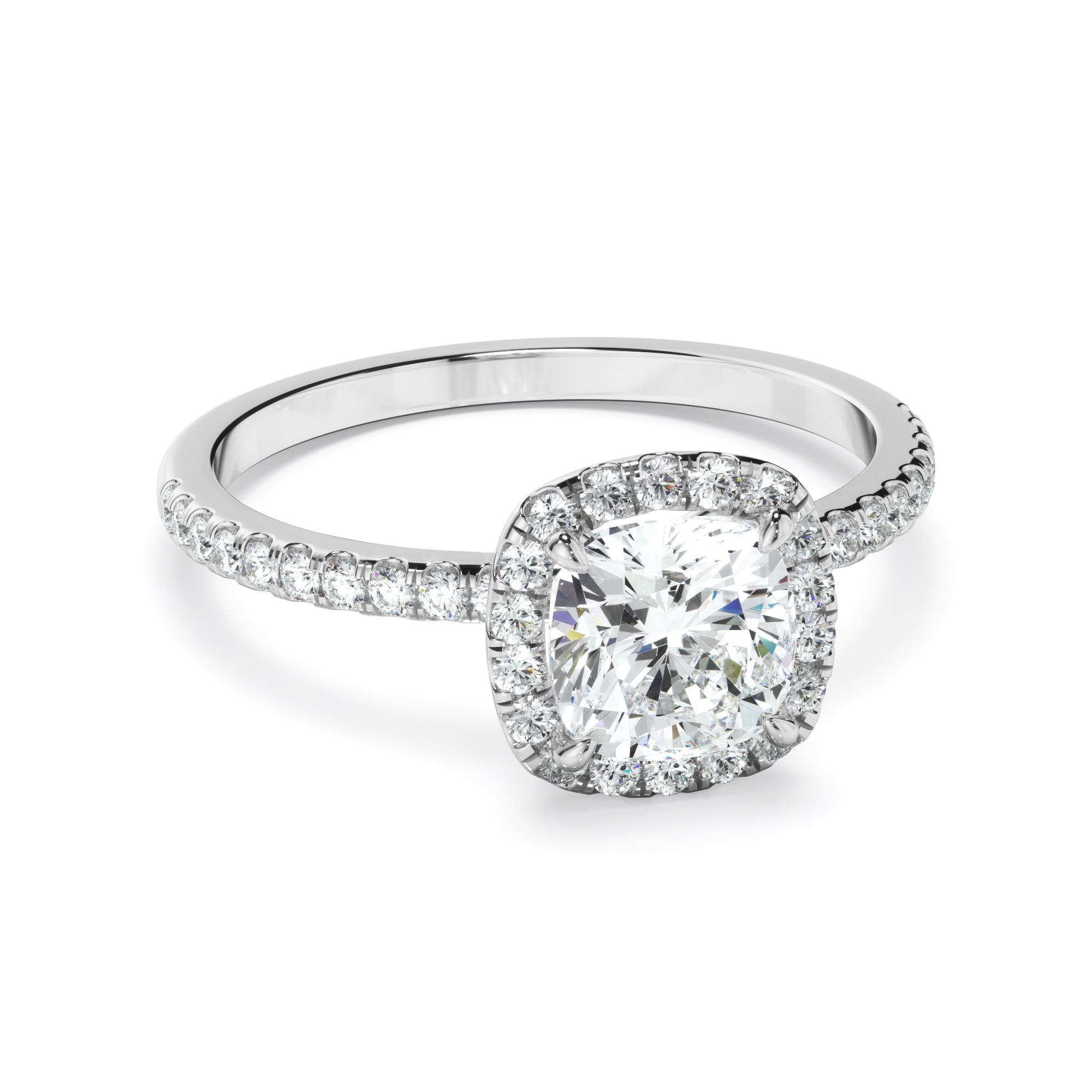 Cushion Cut Diamond Halo Engagement Ring With Pave Band