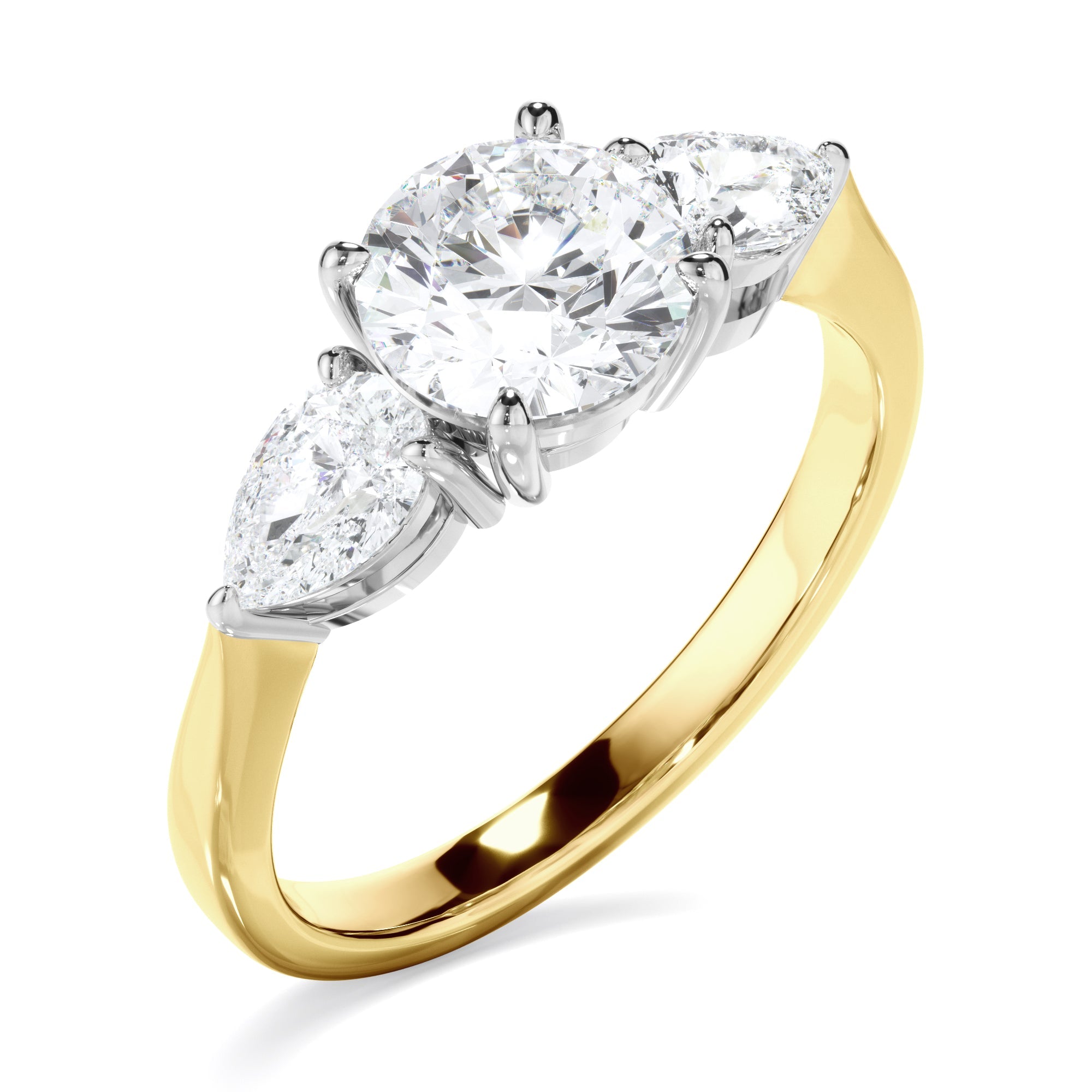 Round Brilliant Cut Diamond Engagement Ring With Pear Cut Diamond Sides