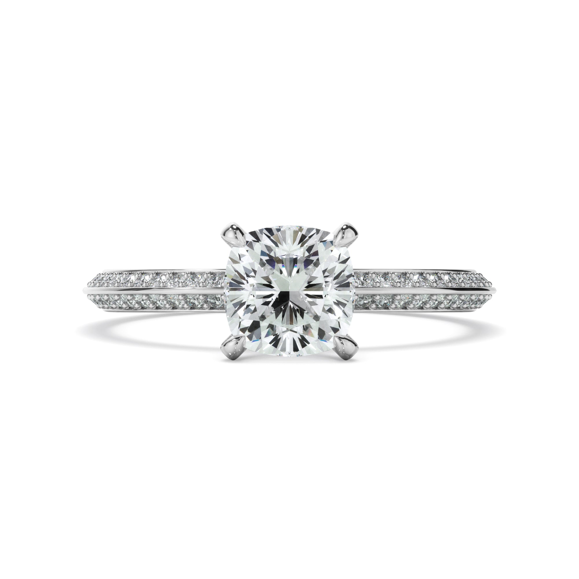 Cushion Cut Diamond Knife Edge Engagement Ring With Diamond Pave Sides