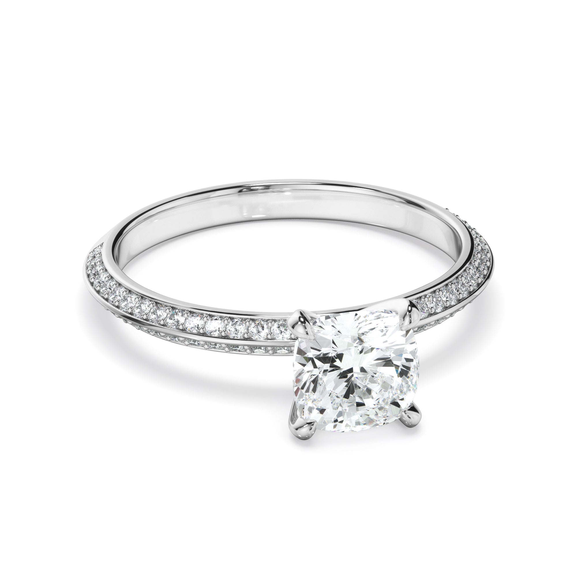 Cushion Cut Diamond Knife Edge Engagement Ring With Diamond Pave Sides