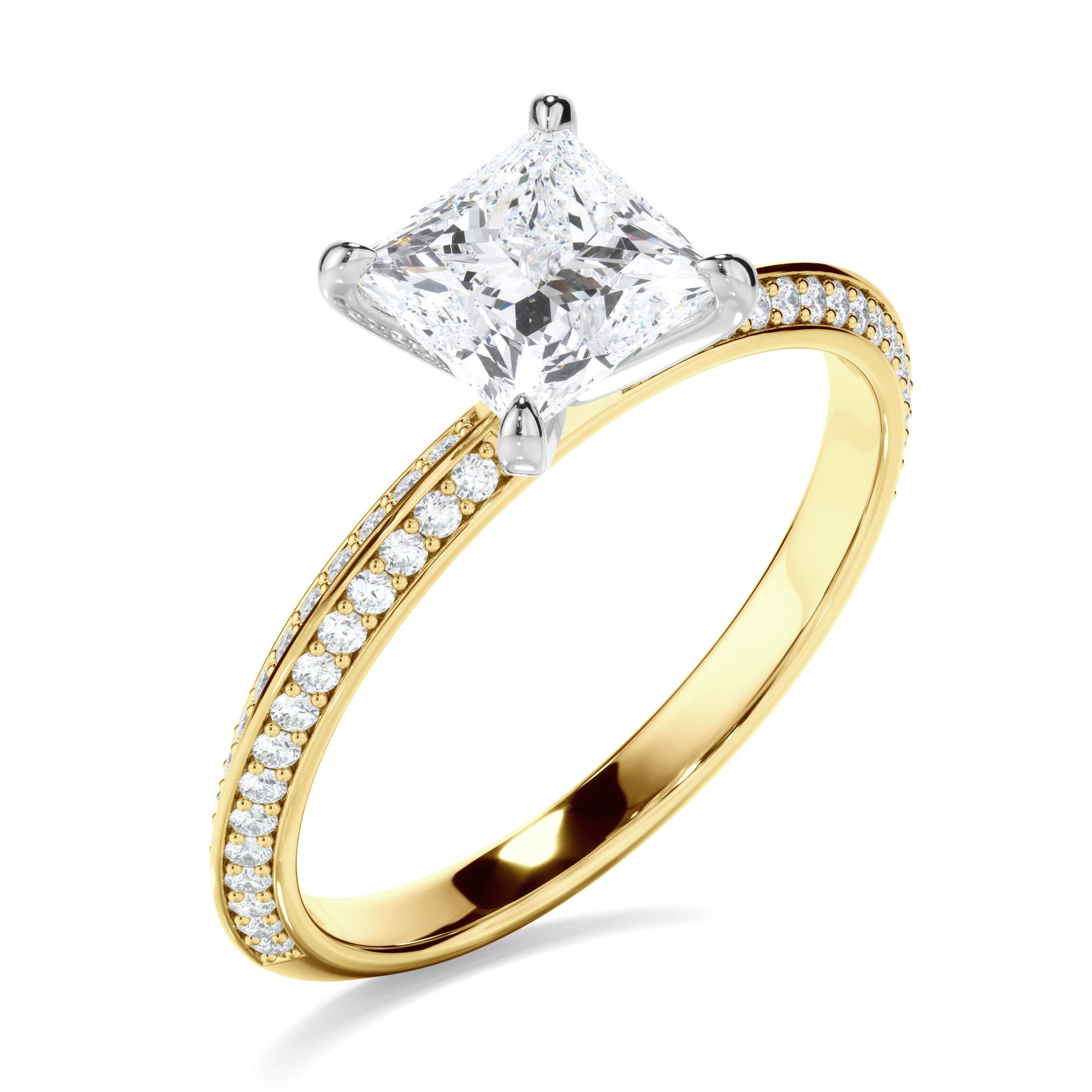 Princess Cut Diamond Knife Edge Engagement Ring With Diamond Pave Sides