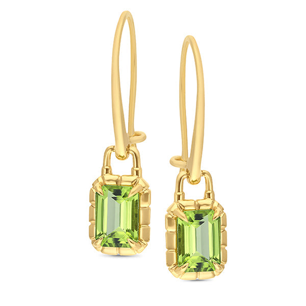 Emerald Cut Peridot Drop Earrings i 9ct Yellow Gold