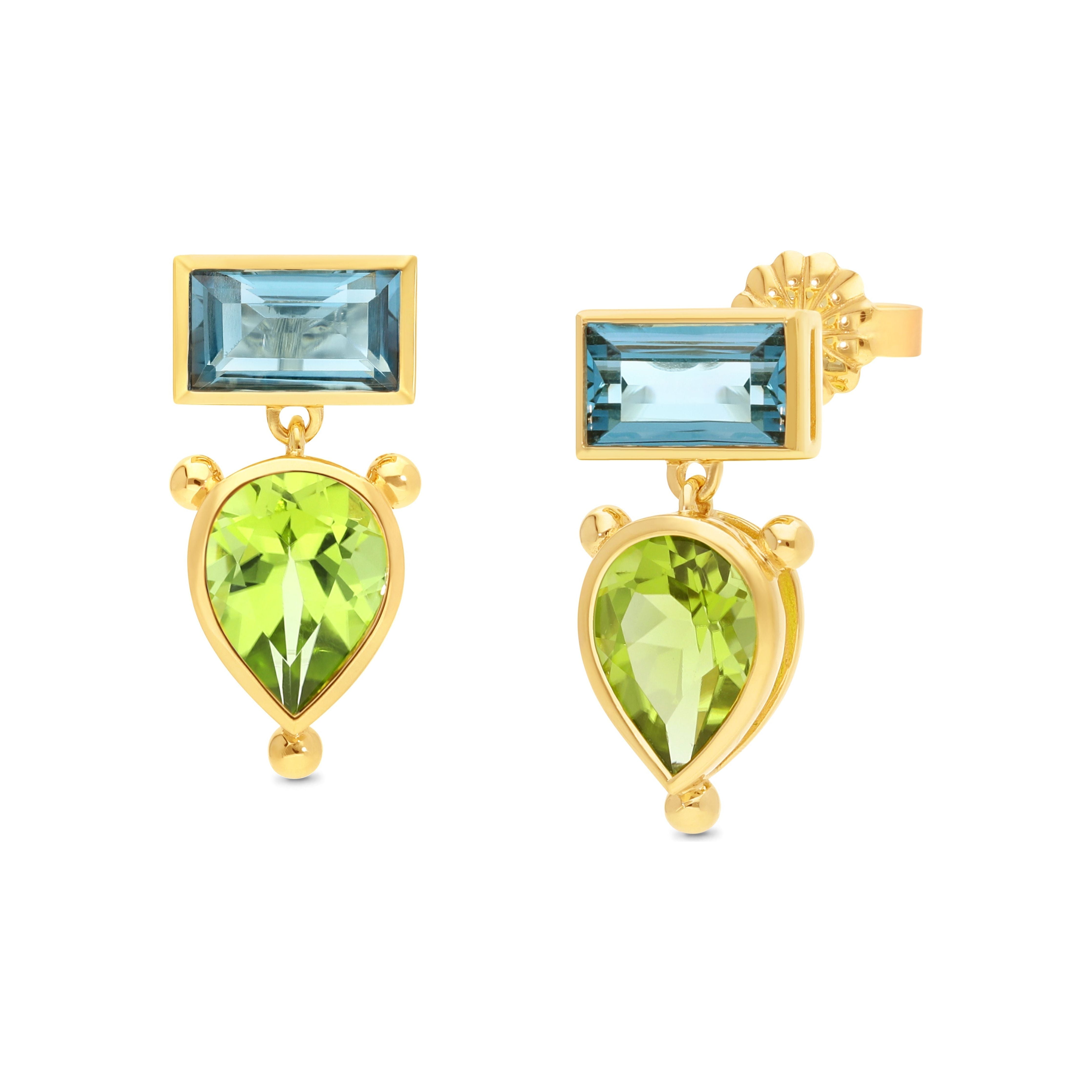Peridot & London Blue Topaz Drop Earrings 9ct Yellow Gold