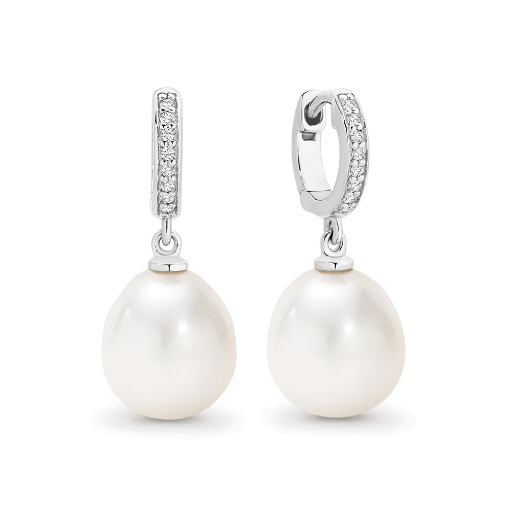 AUTORE Sterling Silver Diamond & Pearl Huggie Earrings