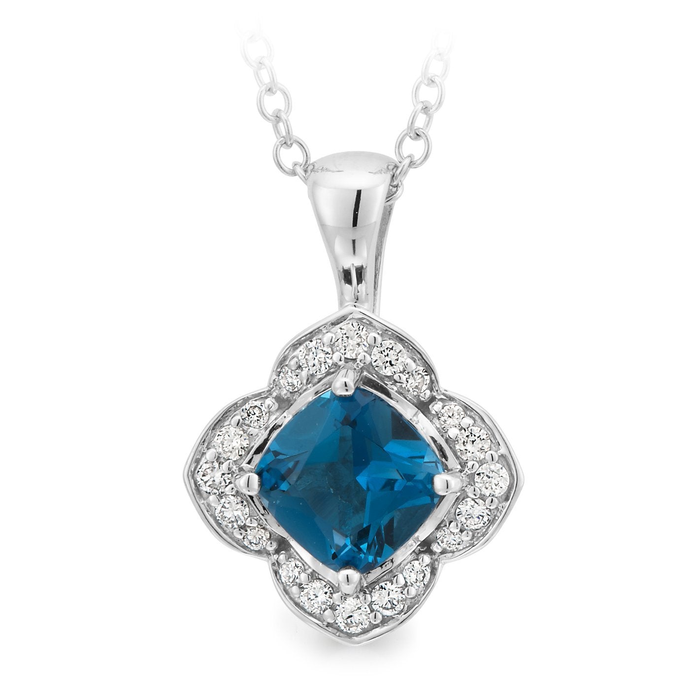 London Blue Topaz & Diamond Claw-Bead Set Pendant in 9ct White Gold