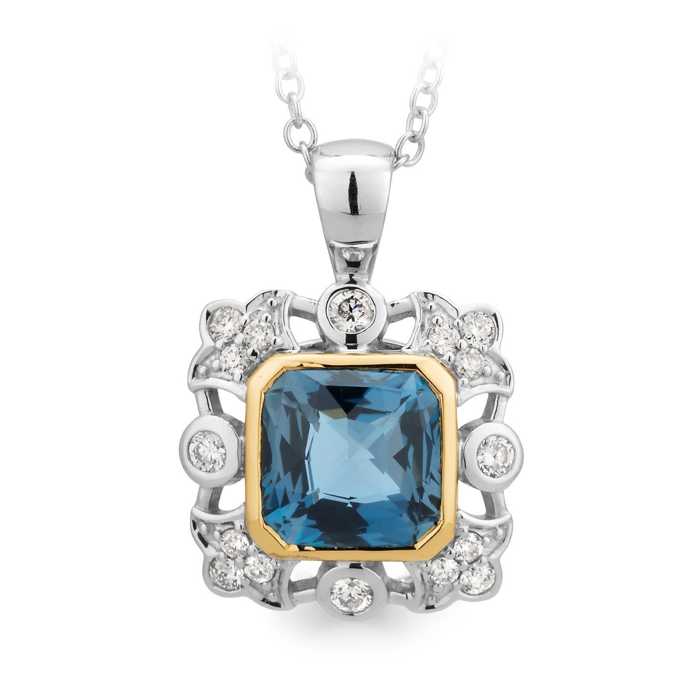 London Blue Topaz & Diamond Bezel-Bead Set Pendant in 9ct White & Yellow Gold