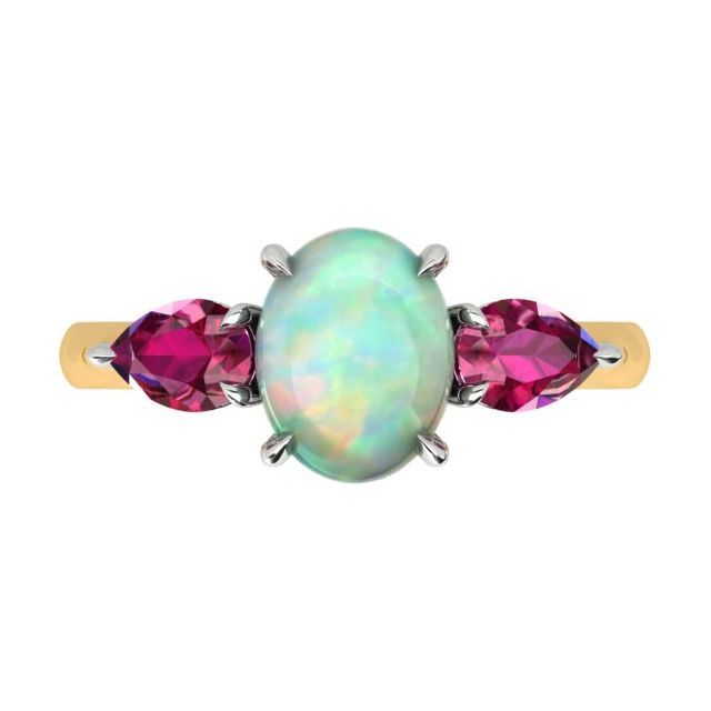 18ct Yellow Gold & Platinum Opal & Tourmaline Trilogy Dress Ring