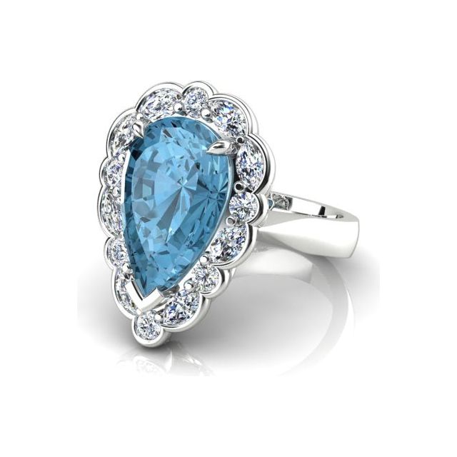 18ct White Gold 6.59ct Aquamarine & Diamond Halo-Style Dress Ring