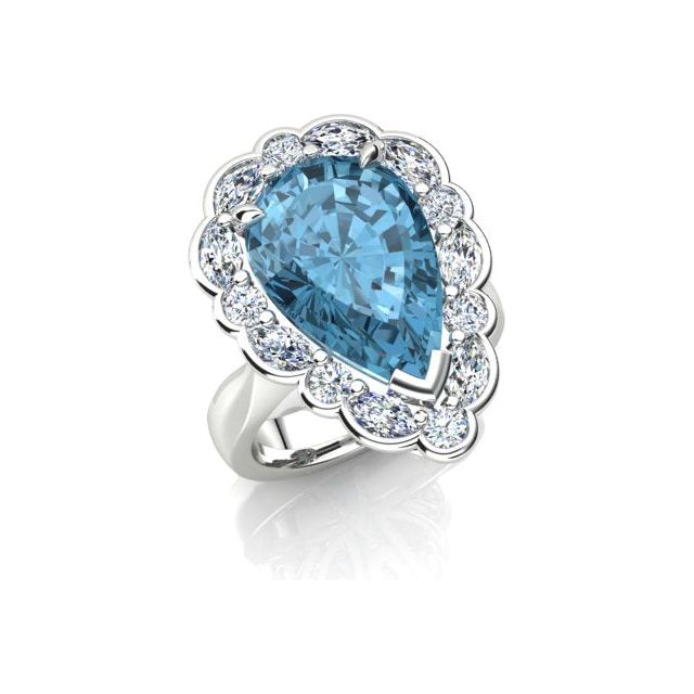 18ct White Gold 6.59ct Aquamarine & Diamond Halo-Style Dress Ring