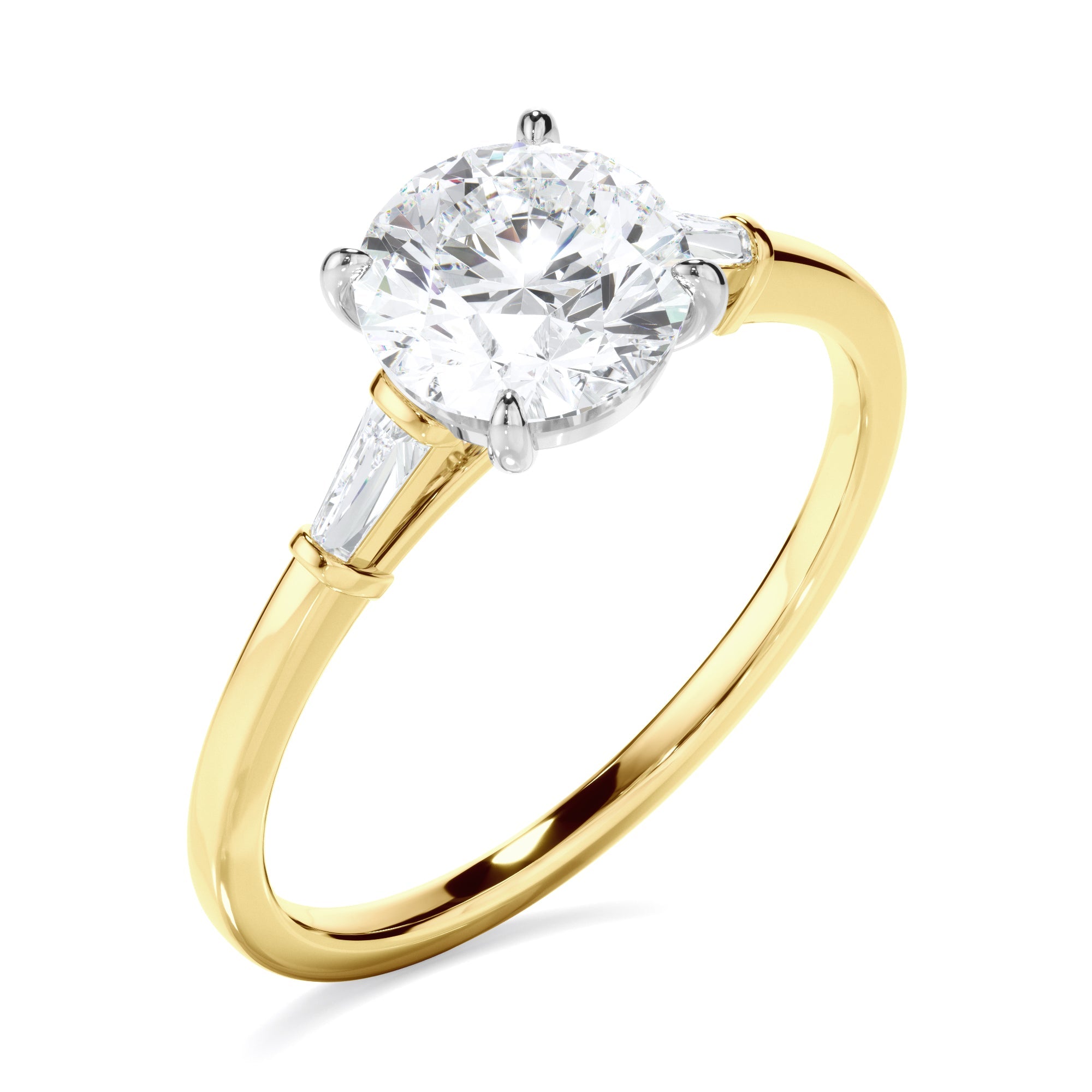 Round Brilliant Cut Diamond Engagement Ring With Baguette Sides