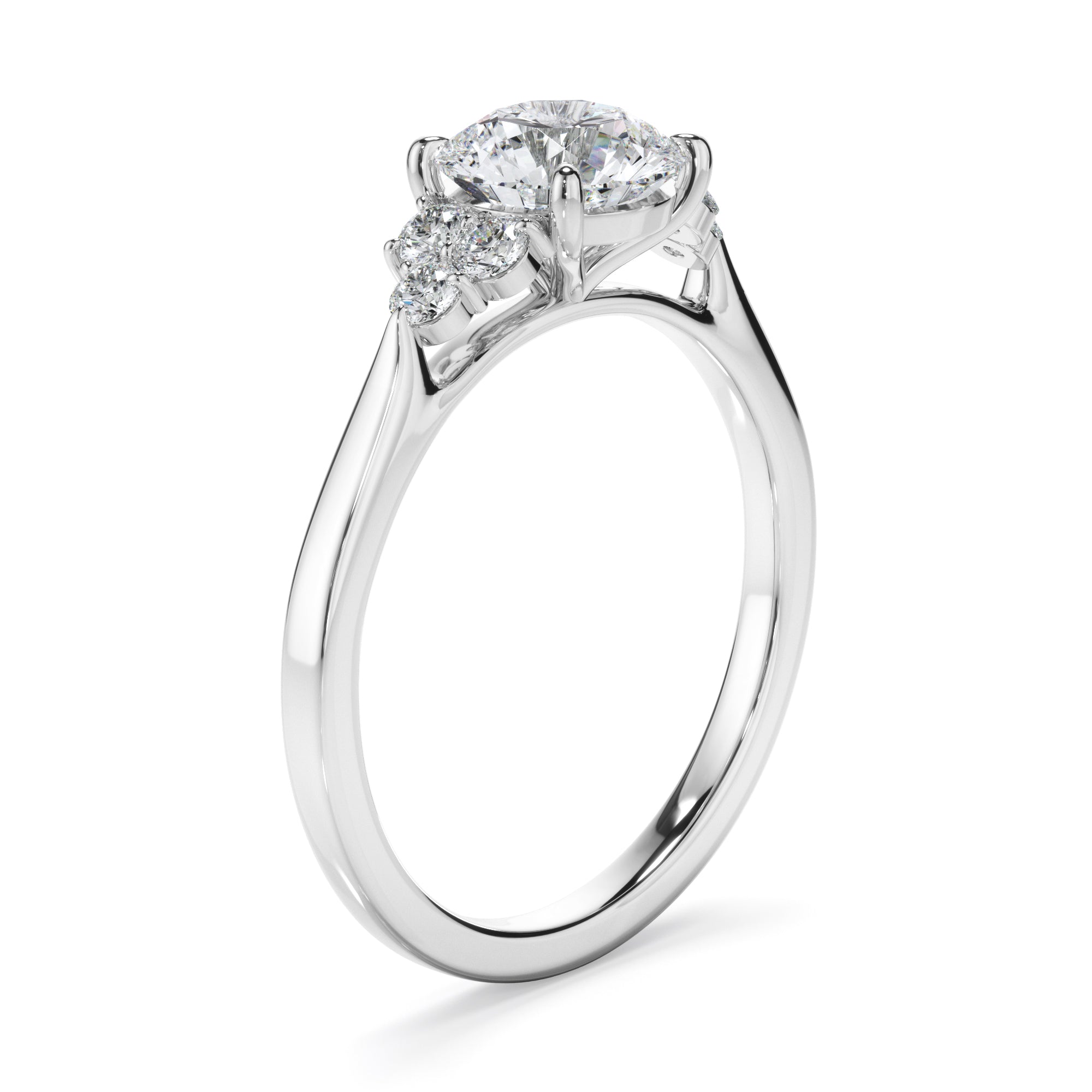 Round Brilliant Cut Diamond Engagement Ring With Diamond Cluster Sides