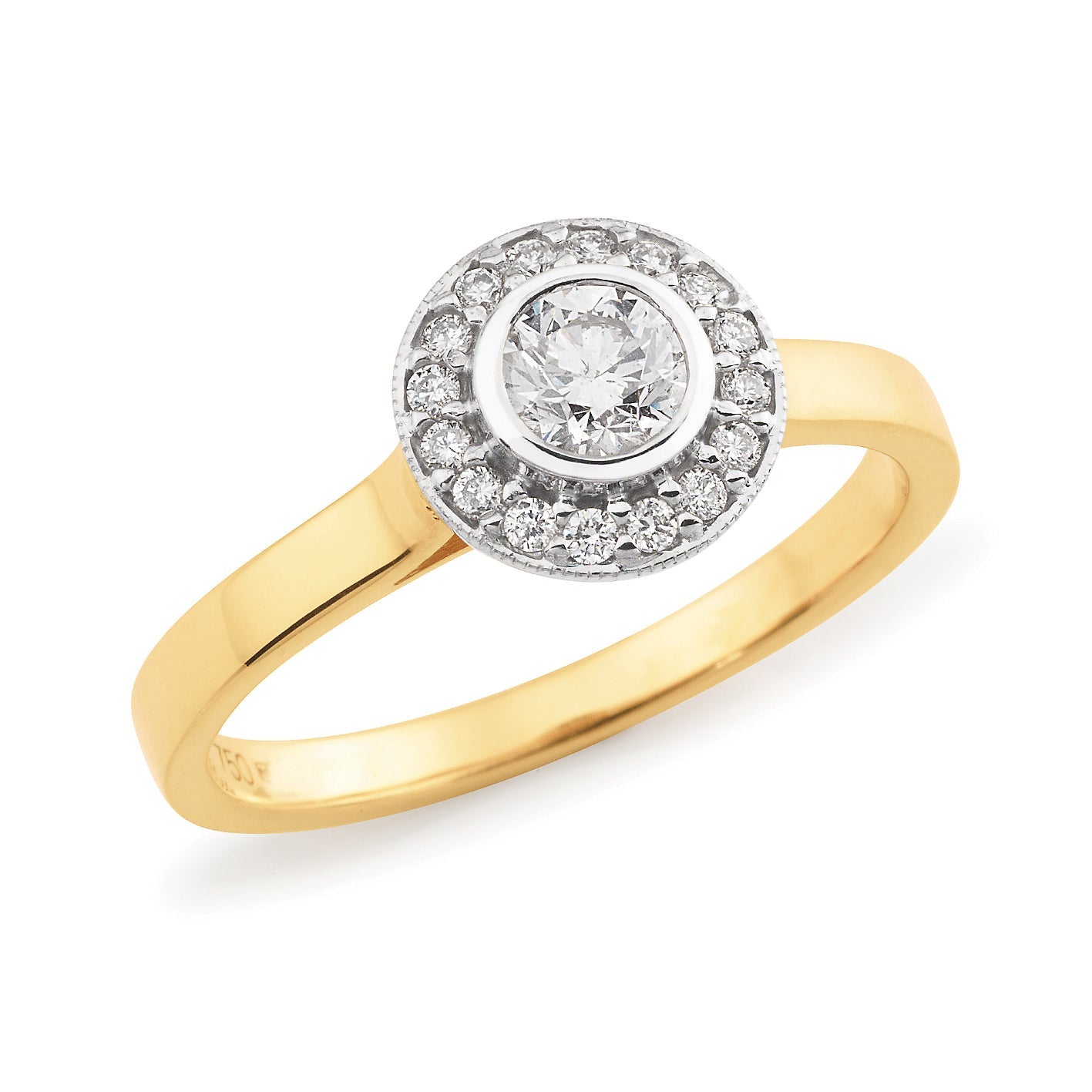 Diamond Set Halo Engagement Ring in 18ct Yellow & White Gold