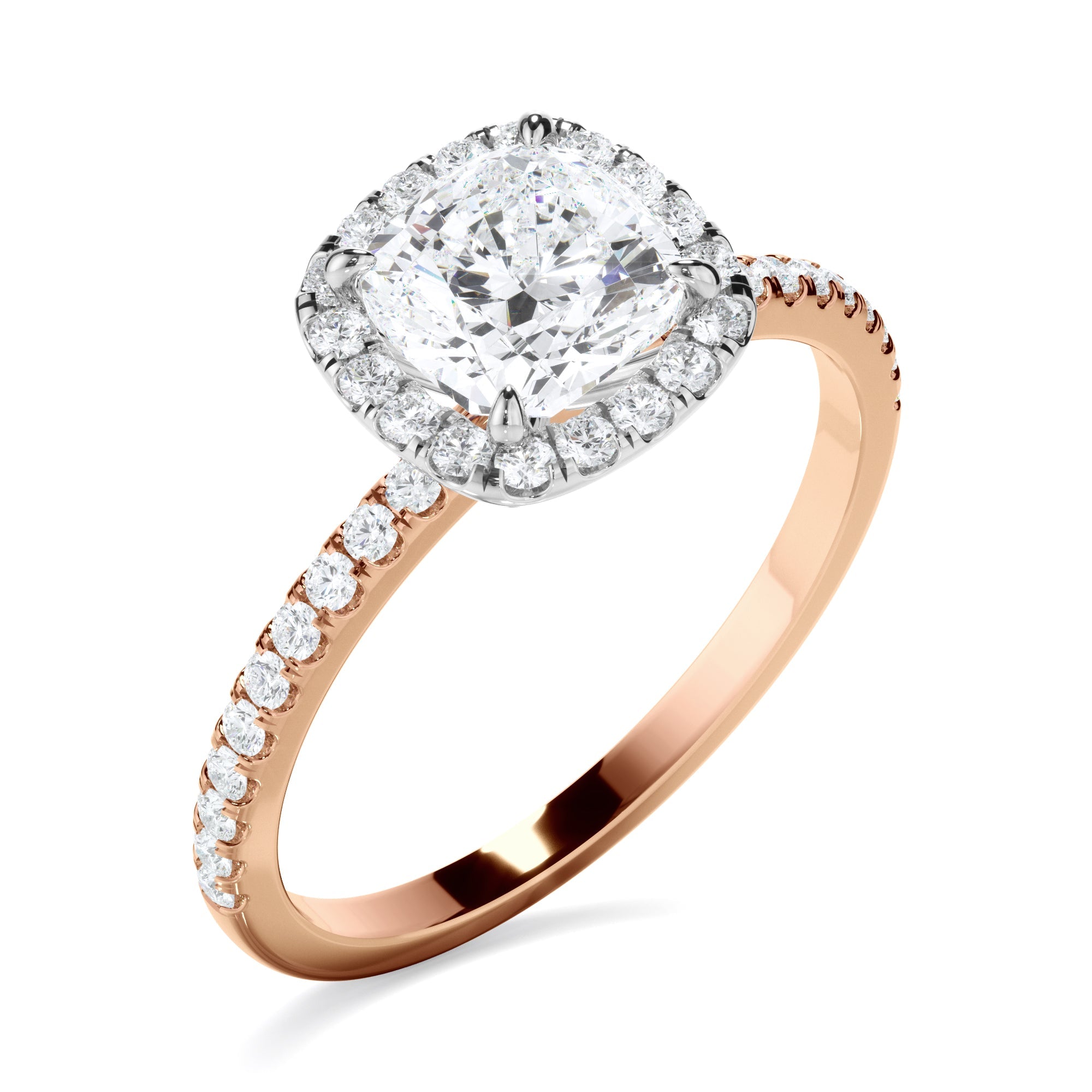 Cushion Cut Diamond Halo Engagement Ring With Pave Band