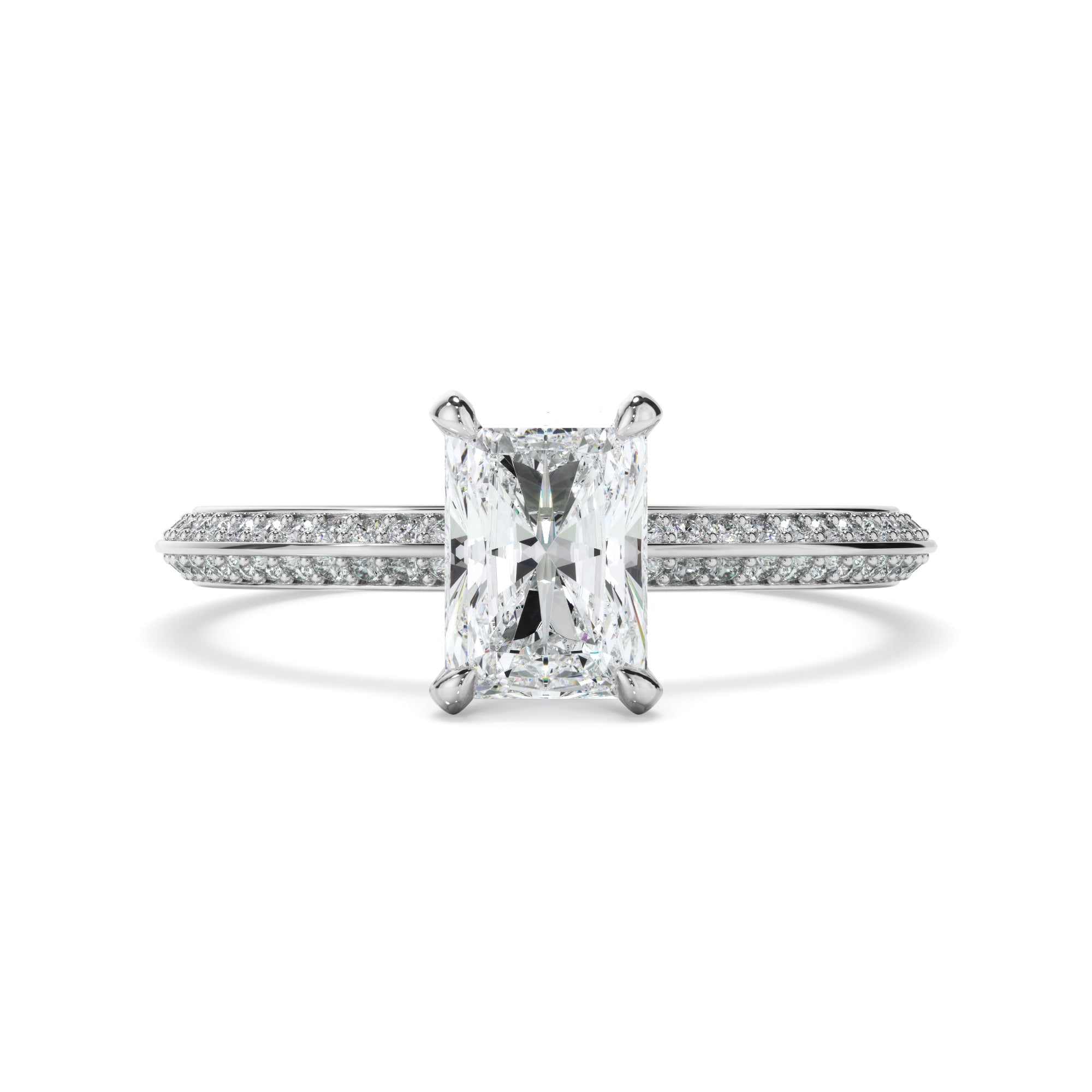 Radiant Cut Diamond Knife Edge Engagement Ring With Diamond Pave Sides